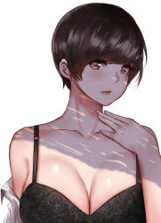 Rule 34 | 1girl, black bra, black hair, blush, bra, breasts, brown eyes, cleavage, closed mouth, commentary, earrings, hand on own chest, highres, jewelry, large breasts, lips, looking at viewer, norman maggot, office lady, olive laurentia, open clothes, open shirt, original, pixie cut, shirt, short hair, simple background, solo, stud earrings, swept bangs, underwear, white background, white shirt