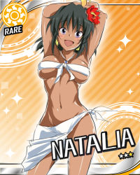 Rule 34 | 1girl, armpits, arms behind head, bandeau, bare shoulders, black hair, bottomless, breasts, card (medium), card parody, character name, choker, cinderella girls card parody, contrapposto, dark-skinned female, dark skin, earrings, front-tie top, idolmaster, idolmaster cinderella girls, jewelry, k2isu, midriff, natalia (idolmaster), navel, necklace, no panties, open mouth, parody, purple eyes, sarong, short hair, smile, solo, sparkle, standing, star (symbol), sun symbol