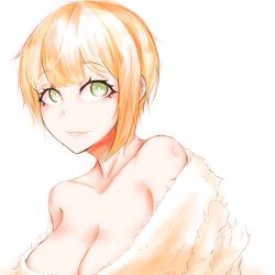 Rule 34 | 1girl, bare shoulders, blonde hair, breasts, cleavage, closed mouth, collarbone, eyelashes, fur sweater, green eyes, heuggu, highres, idolmaster, idolmaster cinderella girls, large breasts, lips, looking at viewer, looking up, miyamoto frederica, off-shoulder sweater, off shoulder, short hair with long locks, simple background, solo, sweater, upper body, white background, white sweater