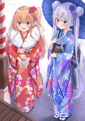 Rule 34 | 2020, 2girls, :d, absurdres, animal, blue eyes, blue flower, blue kimono, blush, bow, brown hair, chinese zodiac, commentary request, double bun, egasumi, floral print, flower, full body, fur collar, green eyes, grey footwear, hair between eyes, hair bun, hair flower, hair ornament, happy new year, hatsumoude, highres, holding, holding animal, holding umbrella, huge filesize, japanese clothes, kimono, long hair, long sleeves, mouse (animal), multiple girls, new year, obi, oil-paper umbrella, one side up, open mouth, original, parted lips, print kimono, purple flower, purple hair, red bow, red flower, red kimono, sandals, sash, sidelocks, smile, socks, standing, tabi, tail, tail bow, tail ornament, twintails, umbrella, very long hair, white flower, white legwear, wide sleeves, xue lu, year of the rat, zouri