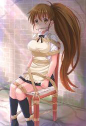 Rule 34 | 1girl, apron, bdsm, bondage, bound, breasts, brown eyes, brown hair, chair, gagged, highres, kazenokaze, long hair, ponytail, rope, solo, taneshima popura, tied to chair, waitress, working!!