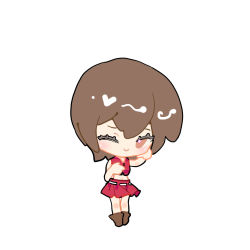 Rule 34 | 1girl, brown eyes, brown footwear, brown hair, chibi, chinese commentary, closed mouth, full body, hand on own chest, hands up, highres, indai (3330425), light blush, meiko (vocaloid), midriff, red shirt, red skirt, shirt, short hair, simple background, skirt, sleeveless, sleeveless shirt, smile, solo, vocaloid, white background