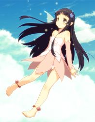 Rule 34 | 10s, 1girl, anklet, bare shoulders, barefoot, black eyes, black hair, blush, detached sleeves, dress, fairy wings, flying, hair ornament, jewelry, long hair, solo, sword art online, wings, yamasan, yui (sao), yui (sao-alo)