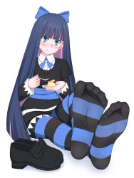 Rule 34 | 1girl, black dress, black hair, black nails, blue eyes, blunt bangs, blush, bow, chewing, closed mouth, dress, eating, feet, gothic lolita, highres, lolita fashion, long hair, long sleeves, lululewd, multicolored hair, nail polish, panty &amp; stocking with garterbelt, pink hair, shoes, sitting, soles, solo, stocking (psg), striped legwear, toes, two-tone hair, unworn shoes