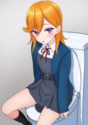 Rule 34 | 1girl, black socks, blue jacket, blush, brown footwear, collared shirt, commentary request, dress, grey dress, highres, jacket, kneehighs, long sleeves, looking at viewer, love live!, love live! superstar!!, medium hair, neck ribbon, on toilet, open clothes, open jacket, orange hair, paid reward available, parted lips, pinafore dress, purple eyes, red ribbon, ribbon, school uniform, shibuya kanon, shirt, sikamiya, sleeveless, sleeveless dress, sleeves past wrists, socks, solo, swept bangs, toilet, upper body, white shirt, winter uniform, yuigaoka school uniform
