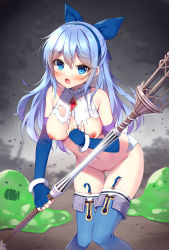 Rule 34 | 1girl, bare shoulders, blue eyes, blue gloves, blue hair, blue hairband, blue ribbon, blue thighhighs, breasts, commission, elbow gloves, fingerless gloves, garter straps, gloves, groin, hair between eyes, hair ribbon, hairband, highres, holding, holding staff, looking at viewer, mauve, medium breasts, navel, nipples, open mouth, original, panties, pixiv commission, ribbon, shirt, slime (creature), solo, staff, standing, thighhighs, torn clothes, torn panties, torn shirt, underwear, white panties, white shirt, white thighhighs