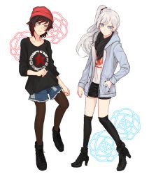 Rule 34 | 2girls, blue eyes, boots, casual, hat, high heel boots, high heels, long hair, multiple girls, pantyhose, ponytail, ruby rose, rwby, short hair, side ponytail, sora (efr), weiss schnee