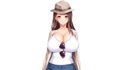 Rule 34 | 1girl, appetite, arms at sides, blush, breasts, brown hair, cleavage, closed mouth, cowboy shot, earrings, female focus, game cg, hat, huge breasts, jacket, jewelry, konoe yuki, long hair, looking at viewer, original, skirt, smile, solo, standing, sunglasses, tachi-e, toumei oyaji no stealth ntr, transparent background, yellow eyes