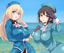 Rule 34 | 10s, 2girls, atago (kancolle), bad id, bad pixiv id, black gloves, black hair, blonde hair, breasts, gloves, green eyes, hat, kadokawa games, kantai collection, large breasts, long hair, looking at viewer, military, military uniform, multiple girls, open mouth, personification, red eyes, short hair, shuuhei (artist), shuuhei (shoohey), takao (kancolle), uniform