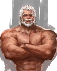 Rule 34 | 1boy, abs, bara, beard, blind, crossed arms, dopey (dopq), facial hair, hair slicked back, highres, large pectorals, looking at viewer, male focus, mature male, muscular, muscular male, mustache, navel, nude, old, old man, overwatch, overwatch 1, pectorals, reinhardt (overwatch), scar, scar across eye, scar on arm, scar on face, short hair, smile, solo, stomach, thick eyebrows, upper body, veins, white hair