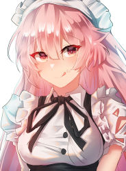 Rule 34 | 1girl, black ribbon, breasts, closed mouth, crumbs, dress, food, food on face, frilled sleeves, frills, girls&#039; frontline, highres, long hair, looking at viewer, maid, maid cap, maid headdress, ntw-20 (girls&#039; frontline), ntw-20 (the aristocrat experience) (girls&#039; frontline), official alternate costume, pink eyes, pink hair, ribbon, solo, tongue, tongue out, user ysyp7383, very long hair