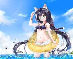 Rule 34 | 1girl, :d, animal ear fluff, animal ears, arm up, armpits, bare shoulders, bikini, bikini under clothes, black bikini, black hair, blue sky, blush, breasts, cat ears, cat girl, cat tail, cleavage, cloud, collarbone, commentary request, day, eyewear on head, fish, green eyes, gukukimu, highres, innertube, karyl (princess connect!), karyl (summer) (princess connect!), long hair, looking at viewer, low twintails, medium breasts, multicolored hair, navel, ocean, open clothes, open fly, open mouth, open shorts, outdoors, princess connect!, short shorts, shorts, sky, small breasts, smile, solo, standing, streaked hair, sunglasses, swim ring, swimsuit, swordfish, tail, teeth, thigh strap, transparent, twintails, upper teeth only, very long hair, wading, water, white-framed eyewear, white hair
