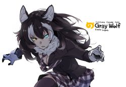 Rule 34 | 10s, 1girl, animal ears, breasts, character name, cleavage, coat, english text, frown, fur collar, gloves, grey wolf (kemono friends), hayami ritsu, heterochromia, japari symbol, kemono friends, long hair, long sleeves, medium breasts, necktie, parted lips, simple background, skirt, solo, tail, text focus, thighhighs, white background, wolf ears, wolf tail