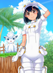 Rule 34 | 10s, 1girl, aether foundation employee, aether foundation employee (female), alolan form, alolan vulpix, black hair, blue sky, brown eyes, cloud, cloudy sky, coconut tree, creatures (company), day, dress, game freak, gen 7 pokemon, nintendo, npc trainer, palm tree, pantyhose, pokemon, pokemon (creature), pokemon sm, pouch, short dress, short hair, sky, smile, soyo2106, tree