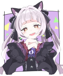 Rule 34 | 1girl, animal ear fluff, animal ears, black dress, black ribbon, blunt bangs, blush, border, bright pupils, cat ears, dress, frilled ribbon, frilled sleeves, frills, gothic lolita, hair ribbon, hololive, ixy, layered sleeves, lolita fashion, looking at viewer, murasaki shion, murasaki shion (gothic lolita), official alternate costume, open mouth, outside border, pinstripe dress, pinstripe pattern, purple background, ribbon, short eyebrows, sidelocks, silver hair, solo, striped, twintails, virtual youtuber, white border, white pupils, yellow eyes