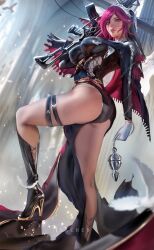 Rule 34 | 1girl, artist name, ass, black footwear, boots, breasts, chain, cross-laced clothes, cross-laced dress, dress, feathers, foot out of frame, genshin impact, gloves, gun, habit, high heel boots, high heels, highres, holding, holding gun, holding weapon, knee boots, large breasts, latex, latex dress, legs, pelvic curtain, purple eyes, purple hair, rached, rifle, rosaria (genshin impact), solo, thigh strap, weapon, white gloves