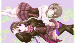Rule 34 | 2girls, arm at side, assault lily, belt, belt buckle, black thighhighs, blush, bow, bowtie, braid, breasts, brown belt, brown hair, brown jacket, buckle, closed mouth, coattails, collared shirt, commentary, corset, detached sleeves, feet out of frame, frilled skirt, frills, hair ribbon, hairband, hand on own forehead, hand up, highres, holding hands, interlocked fingers, jacket, juliet sleeves, kishimoto lucia raimu, kishimoto maria mirai, knee up, long hair, long sleeves, looking at viewer, ludvico private girls&#039; academy school uniform, lying, medium breasts, medium hair, miniskirt, multiple belts, multiple girls, nanairo (nanairo227), on back, on side, open clothes, open jacket, pillarboxed, pink bow, pink bowtie, pink skirt, plaid, plaid skirt, puffy sleeves, purple eyes, purple hairband, purple ribbon, ribbon, school uniform, shirt, siblings, side-by-side, sidelocks, sisters, skirt, smile, thighhighs, twin braids, twintails, underbust, white ribbon, white shirt, white thighhighs, zettai ryouiki