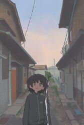 Rule 34 | 1girl, absurdres, black jacket, brown hair, closed mouth, commentary, dot nose, drainpipe, evening, gradient sky, grey eyes, gutter, hair strand, high collar, highres, house, jacket, long sleeves, looking at viewer, muji (uimss), no sclera, original, outdoors, power lines, raised eyebrows, scenery, short hair, sky, smile, solo, stream, tareme, track jacket, upper body