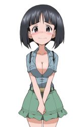 Rule 34 | 1girl, alternate breast size, aoshidan school uniform, black hair, blue jacket, blush, breasts, brown eyes, cleavage, closed mouth, collarbone, feet out of frame, girls und panzer, green skirt, jacket, kayabakoro, large breasts, looking at viewer, school uniform, short hair, simple background, skirt, solo, sono midoriko, standing, tears, uniform, white background
