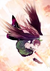 Rule 34 | 1girl, absurdres, arm cannon, black socks, black wings, bow, brown eyes, brown hair, cannon, crease, feathered wings, frilled skirt, frills, hair ribbon, highres, long hair, looking back, open mouth, puffy sleeves, reiuji utsuho, ribbon, scan, shihou (g-o-s), shirt, shoes, short sleeves, skirt, smile, socks, solo, touhou, weapon, white shirt, wings