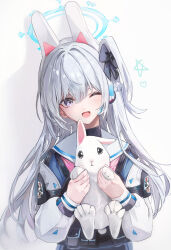 Rule 34 | 1girl, absurdres, animal ears, black bow, blue archive, bow, bulletproof vest, dana (hapong07), fake animal ears, hair between eyes, hair bow, halo, heart, highres, holding animal, holding rabbit, long hair, long sleeves, looking at viewer, miyako (blue archive), neckerchief, one eye closed, open mouth, pink neckerchief, purple eyes, rabbit, rabbit ears, sailor collar, school uniform, simple background, smile, solo, star (symbol), upper body, white background, white hair, white sailor collar