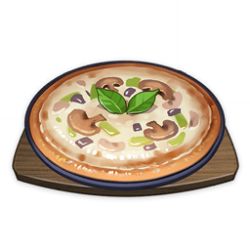 Rule 34 | artist request, commentary, cutting board, english commentary, food, food focus, game cg, garnish, genshin impact, leaf, lowres, mushroom, no humans, official art, pizza, simple background, still life, third-party source, transparent background, tray
