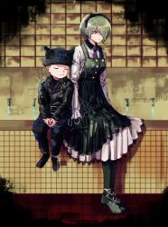 Rule 34 | 1boy, 1girl, animal ear headwear, animal ears, apron, bad id, bad pixiv id, bathroom, bathtub, beanie, belt, belt buckle, black belt, black collar, black footwear, black gloves, black hairband, black hat, black jacket, black pantyhose, black sleeves, blonde hair, blue pants, brown hair, buckle, buttons, cat ears, chain, clenched hand, closed eyes, closed mouth, collar, collared dress, collared jacket, cross-laced footwear, cuffs, danganronpa (series), danganronpa v3: killing harmony, dress, expressionless, eyelashes, eyes visible through hair, fake animal ears, faucet, footwear ribbon, frilled sleeves, frills, full body, funabara (sksn herb), gloves, green apron, green eyes, green footwear, hair over one eye, hairband, handcuffs, hat, height difference, hoshi ryoma, indoors, jacket, knee pads, lace-trimmed apron, lace-trimmed collar, lace-trimmed hairband, lace trim, leaning on person, leather, leather jacket, long sleeves, medium dress, necktie, own hands together, pants, pantyhose, pleated skirt, purple necktie, ribbon, shackles, shadow, shoes, short hair, single ankle cuff, sitting, skirt, sleeves past wrists, spider web print, spoilers, striped clothes, striped pants, tile floor, tile wall, tiles, tojo kirumi, water, white dress, white ribbon, white sleeves