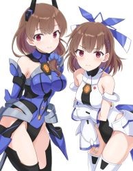 Rule 34 | 2girls, arm armor, armor, arms behind back, bare shoulders, blue armor, blush, brown hair, closed mouth, commentary, cowboy shot, elbow gloves, fake horns, faulds, front ponytail, gloves, hair ornament, hair over shoulder, hairclip, highleg, highleg leotard, highres, holding own arm, horns, japanese armor, kote, leotard, light smile, long hair, looking at viewer, mizushina kinuka, mizushina waka, multiple girls, pera, red eyes, short hair, siblings, simple background, sisters, skin tight, sleeveless, sleeveless turtleneck, smile, thighhighs, toji no miko, turtleneck, wavy mouth, white armor, white background