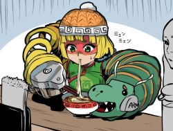 Rule 34 | 1girl, arms (game), beanie, blonde hair, blunt bangs, bob cut, bowl, character name, chinese clothes, chinese text, chopsticks, closed mouth, clothes writing, domino mask, dragon, dragon (arms), eastern dragon, eating, eyelashes, food, food in mouth, frown, green eyes, green shirt, hat, knit hat, mask, min min (arms), noodles, orange hat, ramen, sharp teeth, shirt, short hair, short sleeves, solo focus, soup, sweat, teeth, turtleneck, unichiri, upper body