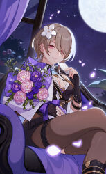 1girl absurdres asymmetrical_legwear black_boots black_gloves boots bouquet breasts brown_hair brown_pantyhose brown_thighhighs cleavage crossed_legs earrings eyes_visible_through_hair falling_petals fingerless_gloves flower full_moon gloves hair_over_one_eye highres holding holding_bouquet honkai_(series) honkai_impact_3rd jewelry looking_at_viewer moon night night_sky official_art pantyhose parted_lips petals pink_flower pink_rose purple_flower purple_rose rita_rossweisse rose short_hair sitting sky smile solo star_(sky) starry_sky thighhighs uneven_legwear