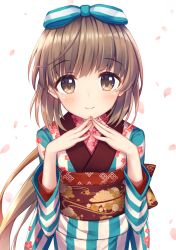 Rule 34 | 10s, 1girl, blush, bow, brown eyes, brown hair, cherry blossoms, closed mouth, commentary request, fingers together, flat chest, floral print, hair bow, idolmaster, idolmaster cinderella girls, japanese clothes, kawami nami, kimono, long hair, long sleeves, looking at viewer, obi, ponytail, sash, smile, solo, striped bow, striped clothes, striped kimono, upper body, very long hair, white background, yorita yoshino
