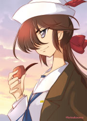 Rule 34 | 10s, 1girl, black hair, blouse, blue eyes, blue neckerchief, bow, closed mouth, cloud, cloudy sky, commentary, dark-skinned female, dark skin, dixie cup hat, from side, girls und panzer, hair bow, hair over one eye, hat, hat feather, holding, long hair, long sleeves, military hat, nakasawa kei, neckerchief, ogin (girls und panzer), ooarai naval school uniform, outdoors, profile, red bow, sailor, school uniform, shirt, sky, smile, smoking pipe, solo, standing, twilight, twitter username, very long hair