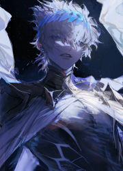 Rule 34 | 1boy, armor, au (d elete), blonde hair, blue eyes, blue light, castor (fate), collar, expressionless, eyes visible through hair, fate/grand order, fate (series), gold armor, laurel crown, looking at viewer, male focus, metal collar, robe, short hair, shoulder armor, solo, toned, toned male, upper body, white robe