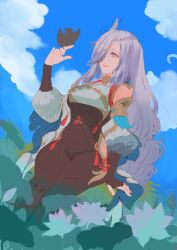Rule 34 | 1girl, bird, bird on hand, black bodysuit, black gloves, blue eyes, bodysuit, breast curtain, breasts, cloud, detached sleeves, fingerless gloves, genshin impact, gloves, grey hair, highres, hip vent, light smile, long hair, medium breasts, philiera, russian commentary, shenhe (genshin impact), sky, solo, unfinished, very long hair