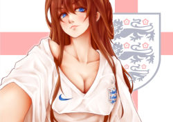 Rule 34 | 1girl, 2014 fifa world cup, bad id, bad pixiv id, blue eyes, blue theme, breasts, brown hair, cleavage, england, large breasts, long hair, looking at viewer, original, smile, soccer, soccer uniform, solo, sportswear, world cup, zettai muri no akira