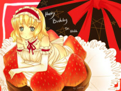 Rule 34 | 1girl, alice margatroid, birthday, cream, elbow gloves, female focus, food, fruit, gloves, loading (verjuice), solo, strawberry, touhou