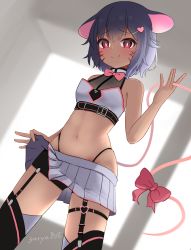 Rule 34 | 1girl, animal ears, bike shorts, bow, facial mark, gaarya, hair ornament, hairclip, highres, indie virtual youtuber, mouse ears, mouse girl, mouse tail, navel, red eyes, short hair, simple background, solo, tail, thong, virtual youtuber, yatra (vtuber)