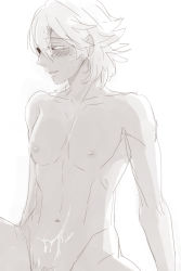 Rule 34 | 1boy, blush, cum, fire emblem, looking away, male focus, monochrome, niles (fire emblem), nintendo, nipples, nude, pointy ears, simple background, solo, white background