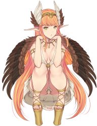 Rule 34 | 1girl, :o, armlet, artist name, ass, band-width, breasts, circe (fate), cleavage, fate/grand order, fate (series), feathered wings, full body, green eyes, head rest, head wings, highres, jewelry, large breasts, long hair, looking at viewer, nail polish, necklace, orange hair, panties, pantyshot, pink nails, platform footwear, pointy ears, sandals, skirt, solo, squatting, toenail polish, toenails, transparent background, underwear, very long hair, vest, white background, white panties, white skirt, white vest, wings