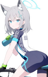 Rule 34 | 1girl, absurdres, animal ear fluff, animal ears, ass, bicycle, black gloves, blue archive, blue eyes, bottle, commentary request, cycling uniform, extra ears, gloves, green gloves, grey hair, hair between eyes, hair ornament, halo, hand up, highres, holding, holding bottle, jyt, looking at viewer, looking to the side, parted lips, shiroko (blue archive), shiroko (cycling) (blue archive), simple background, solo, water bottle, white background