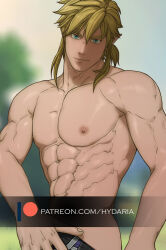 Rule 34 | 1boy, abs, alternate muscle size, bara, blonde hair, blue eyes, clothes pull, cowboy shot, earrings, elf, hydaria, jewelry, large pectorals, link, looking at viewer, looking to the side, male focus, medium hair, muscular, muscular male, nintendo, nipples, paid reward available, pectorals, pointy ears, pulling own clothes, seductive smile, smile, solo, stomach, the legend of zelda, topless male, undressing