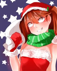 Rule 34 | 1girl, alternate costume, blush, brown eyes, brown hair, christmas, commentary request, dress, fur trim, gloves, gomio (bb-k), green scarf, grin, hair between eyes, hat, highres, holding, holding sack, kantai collection, red dress, red gloves, ryuujou (kancolle), sack, sanpaku, santa costume, santa hat, scarf, simple background, sketch, smile, solo, star (symbol), starry background, strapless, strapless dress, twintails, upper body