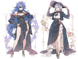 Rule 34 | 2girls, adjusting clothes, adjusting headwear, black dress, black headwear, black skirt, blue flower, blue hair, breasts, cleavage, cleavage cutout, closed mouth, clothing cutout, commission, contrapposto, cropped jacket, detached sleeves, dress, earrings, eyepatch, flat chest, floral background, flower, full body, grey footwear, hair between eyes, hands on own hips, hands up, hat, high-waist skirt, jacket, jewelry, large breasts, layered skirt, lemon89h, light blue hair, long hair, long sleeves, looking at viewer, morning glory, multiple girls, one eye covered, open clothes, open jacket, open mouth, original, pelvic curtain, purple eyes, purple flower, red eyes, scar, scar on face, scar on leg, shoes, skirt, very long hair, watermark, white background, white flower, yellow footwear