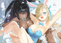 Rule 34 | 2girls, animal ears, armpits, artist name, asuna (blue archive), asuna (bunny) (blue archive), barefoot, black hair, black leotard, blue archive, blue bow, blue eyes, blue leotard, blush, bow, breasts, cleavage, dark-skinned female, dark skin, detached collar, fake animal ears, hair over one eye, haruri, highres, indoors, karin (blue archive), karin (bunny) (blue archive), large breasts, leotard, light brown hair, long hair, mole, mole on breast, multiple girls, official alternate costume, one eye closed, open mouth, peroro (blue archive), ponytail, rabbit ears, signature, smile, soap bubbles, strapless, strapless leotard, tile wall, tiles, toes, yellow eyes