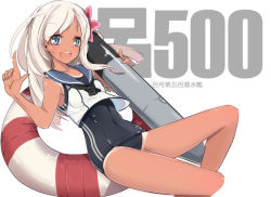 Rule 34 | 10s, 1girl, aosora kamiya, bare legs, bare shoulders, blonde hair, blue eyes, character name, hair between eyes, hair ornament, kantai collection, lifebuoy, one-piece swimsuit, one-piece tan, open mouth, ro-500 (kancolle), school swimsuit, simple background, solo, swim ring, swimsuit, swimsuit under clothes, tan, tanline, torpedo