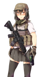 Rule 34 | 1girl, angled foregrip, assault rifle, ayyh, black hair, energy drink, eotech, glasses, gloves, gun, h&amp;k hk416, hat, heckler &amp; koch, highres, keffiyeh, load bearing vest, monster energy, original, red eyes, rifle, scarf, simple background, solo, thighhighs, watch, weapon, white background, wristwatch, zettai ryouiki