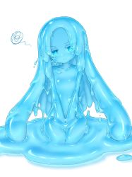 Rule 34 | 1girl, blue eyes, blue hair, blue sclera, blue skin, blue theme, blush, closed mouth, colored sclera, colored skin, completely nude, curss, eyes visible through hair, flat chest, hands on lap, head tilt, highres, long hair, looking at viewer, monster girl, nude, original, pointy ears, simple background, slime (substance), slime girl, solo, spoken squiggle, squiggle, very long hair, white background