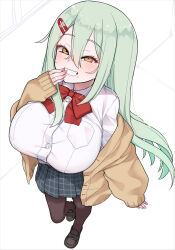 Rule 34 | 1girl, akitokage, black footwear, bow, bowtie, breast pocket, breasts, buttons, dress shirt, from above, green hair, grey skirt, hair between eyes, hair ornament, hairclip, hand to own mouth, highres, huge breasts, jacket, long hair, mole, mole under mouth, off shoulder, original, pantyhose, plaid, plaid skirt, pleated skirt, pocket, red bow, red bowtie, school uniform, shirt, skirt, sleeves past wrists, smile, solo, uniform, white shirt, yellow jacket