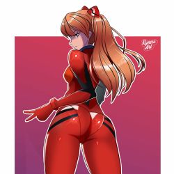Rule 34 | 1girl, ass, blue eyes, border, breasts, brown hair, contrapposto, from behind, gradient background, highres, huge ass, interface headset, long hair, looking at viewer, neon genesis evangelion, outside border, plugsuit, ryness, shiny clothes, solo, souryuu asuka langley, thighs, tight clothes, twintails, two side up, v, white border, wide hips