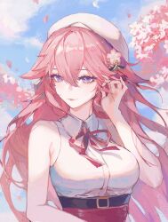 Rule 34 | 1girl, absurdres, alternate costume, bare shoulders, belt, beret, blue sky, cherry blossoms, closed mouth, cloud, falling petals, flower, genshin impact, hair flower, hair ornament, hand up, hat, high-waist skirt, highres, long hair, looking at viewer, petals, pink hair, purple eyes, red ribbon, ribbon, shirt, shirt tucked in, skirt, sky, sleeveless, sleeveless shirt, smile, solo, upper body, white hat, white shirt, yae miko, yae miko (autumn pop-up store), yutou (yutou75)